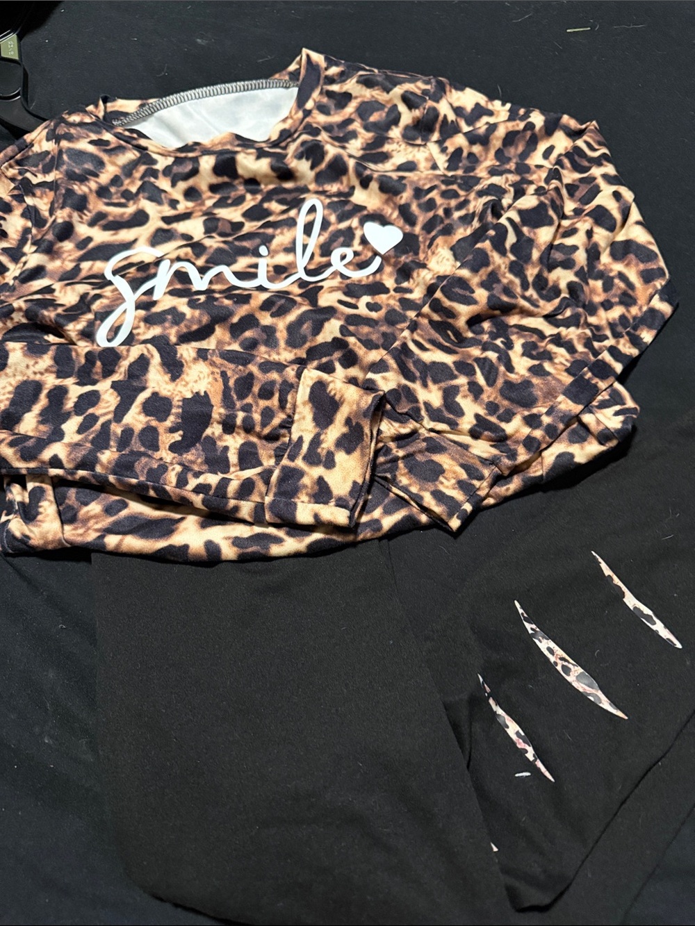 Kids Leopard Print Top and Black Bottoms Set - Smile Graphic